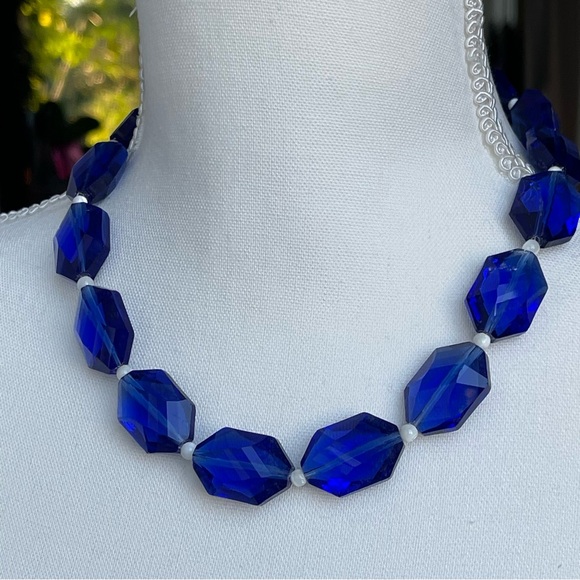 Chunky Faceted Oval Blue Glass Mother Of Pearl Bead Spacer 925 Clasp Necklace - Picture 6 of 14